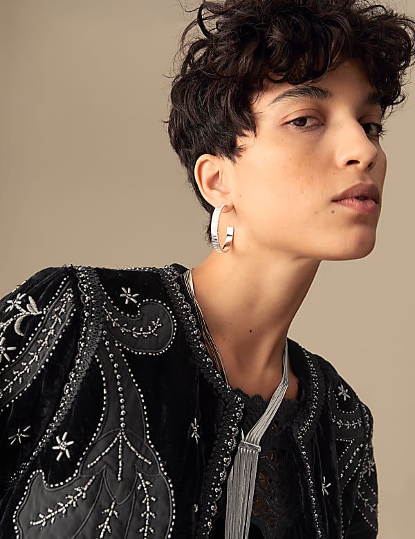 Velvet Embroidered Collarless Cropped Jacket