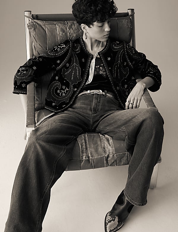 Velvet Embroidered Collarless Cropped Jacket