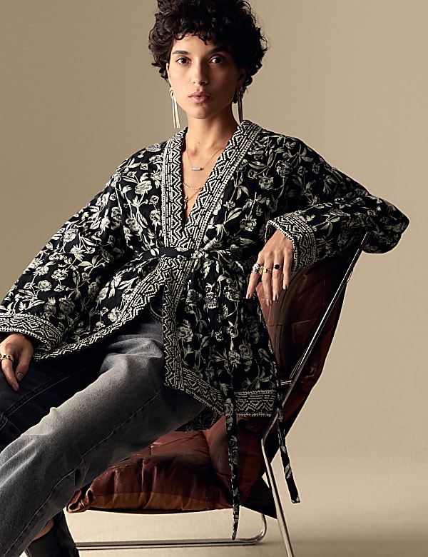 Pure Cotton Floral Quilted Jacket | BLACK MIX | Jackets | M&S TW