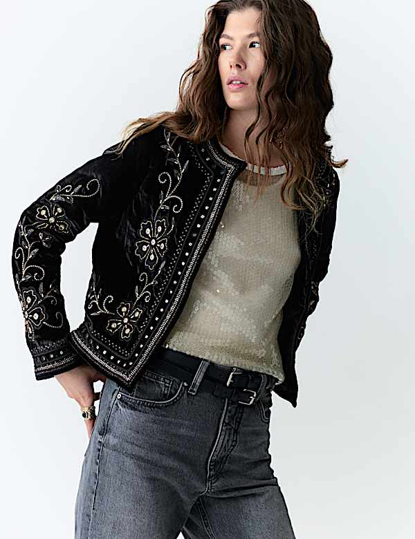 Velvet Embellished Collarless Jacket - AU
