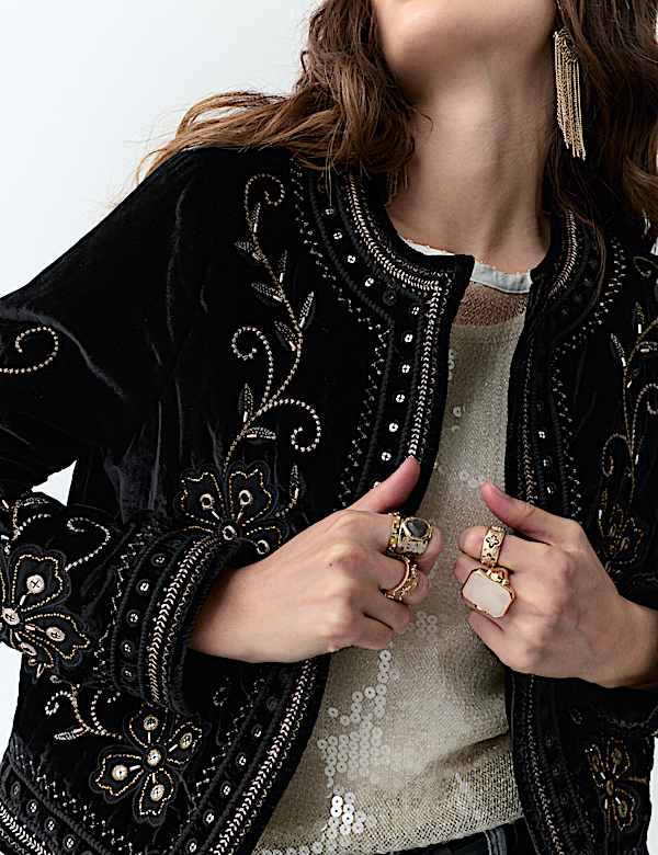 Velvet Embellished Collarless Jacket - AU