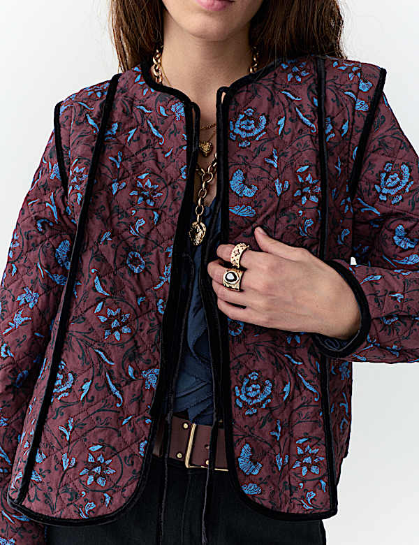 Jaket Katun Murni Lapisan Rajut Bermotif dengan Tali Depan - ID