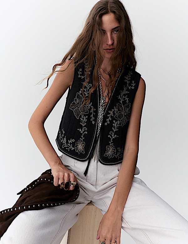 Pure Cotton Embellished Tie Front Gilet - FI