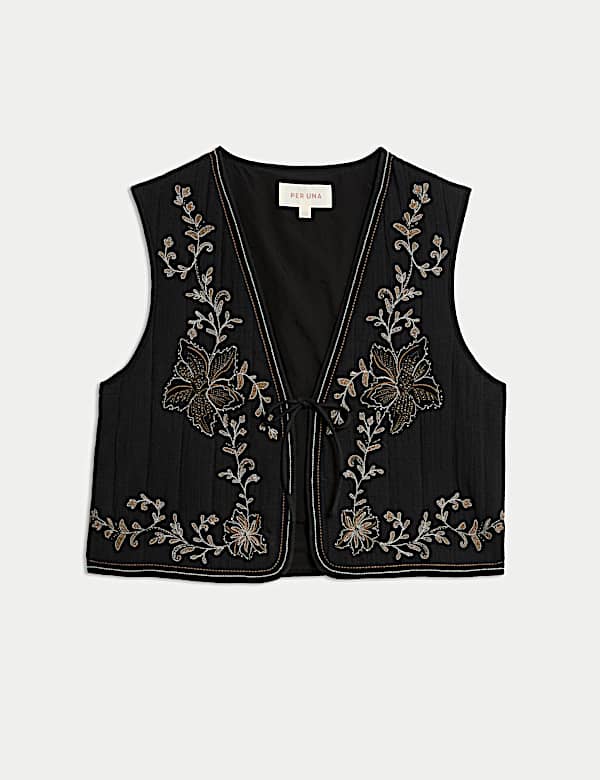 Pure Cotton Embellished Tie Front Gilet - FI