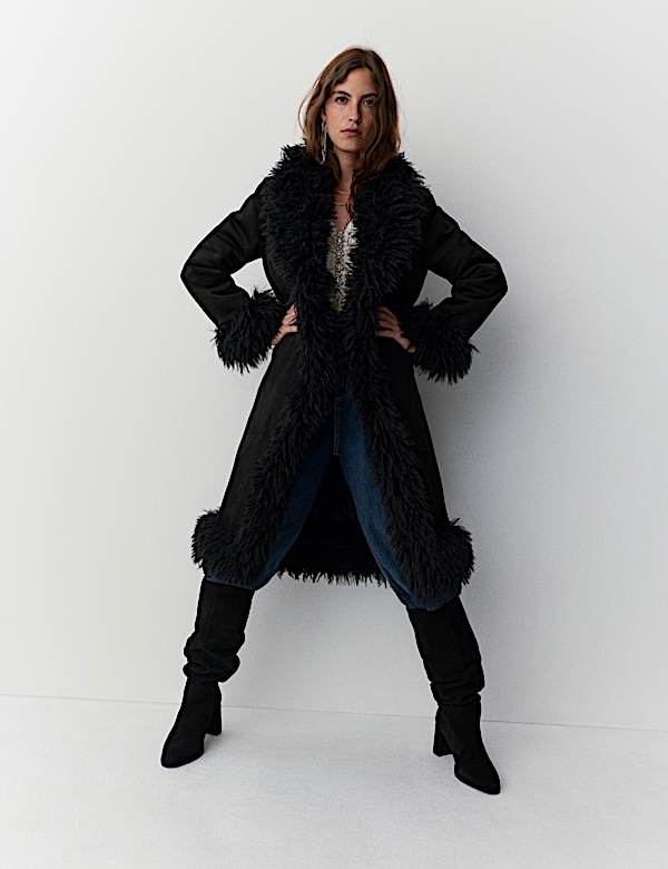 Faux Fur Trim Longline Coat - BE
