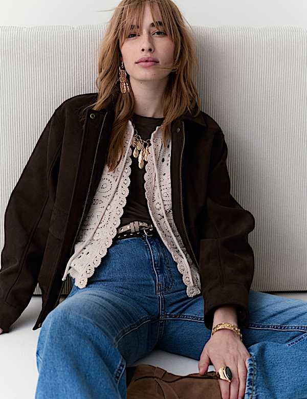 Suedette Collared Bomber Jacket - AL