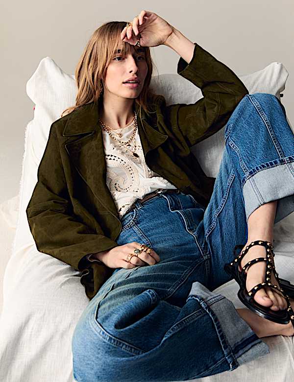 Suede Belted Revere Collar Trench Coat - JE