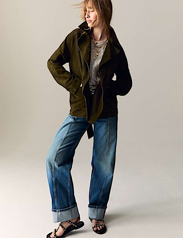 Suede Belted Revere Collar Trench Coat - JE