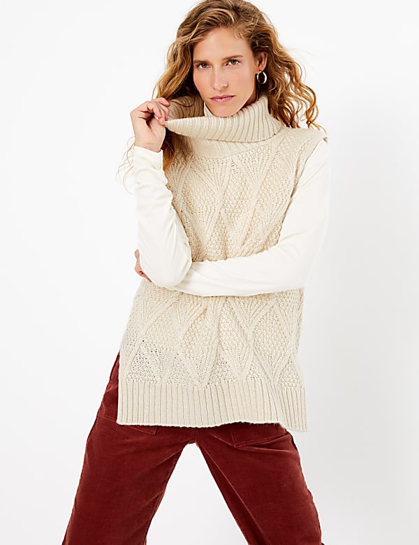 Sleeveless Cable Roll Neck Jumper