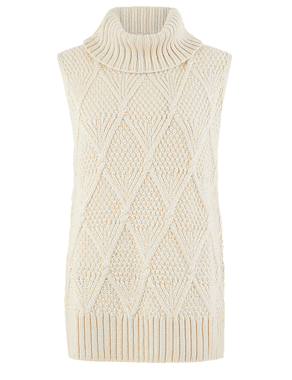 Sleeveless Cable Roll Neck Jumper
