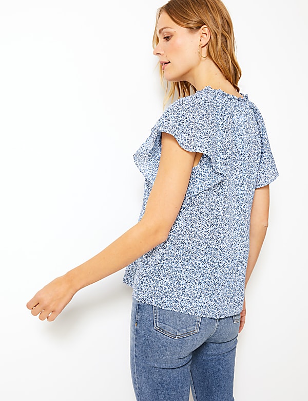 Pure Cotton Floral Print Frill Sleeve Blouse