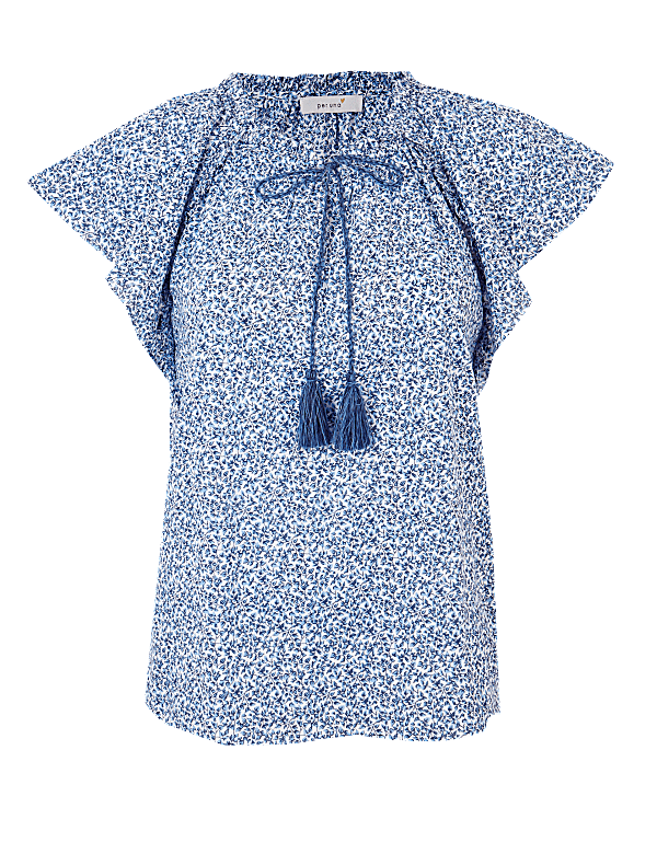Pure Cotton Floral Print Frill Sleeve Blouse