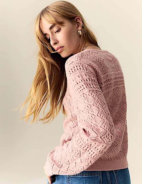 Cotton Blend Pointelle Tie Neck Jumper
