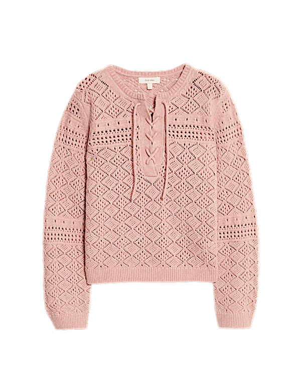 Cotton Blend Pointelle Tie Neck Jumper