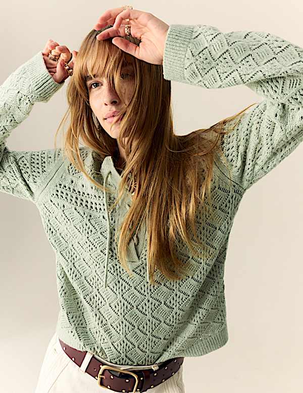 Cotton Blend Pointelle Tie Neck Jumper