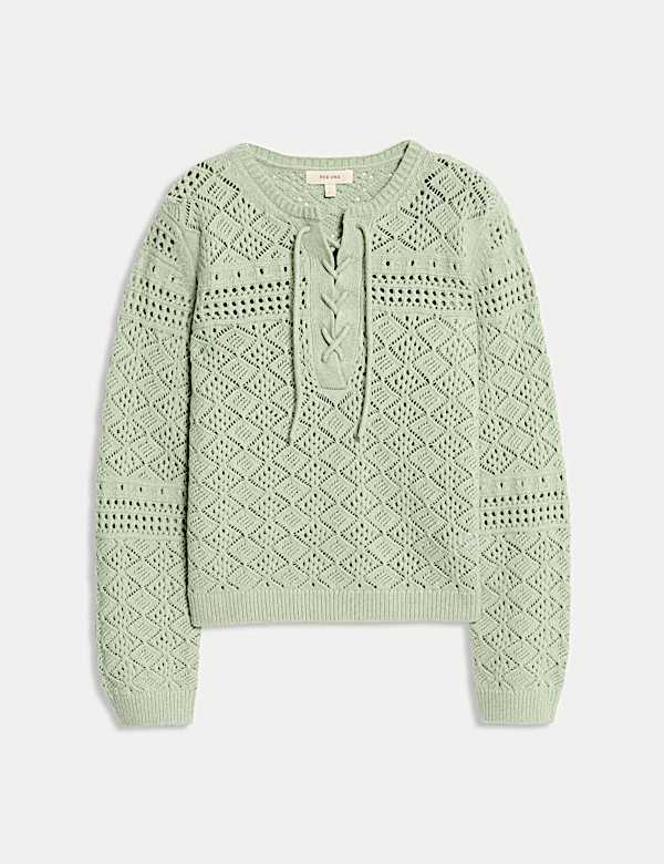 Pointelle-trui van katoenmix met strik aan de hals - BE