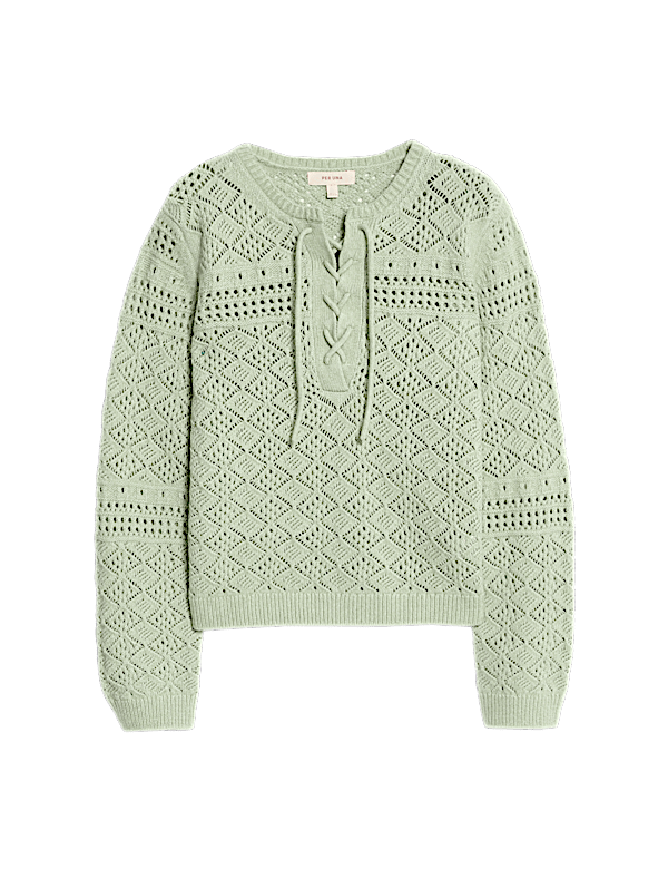 Cotton Blend Pointelle Tie Neck Jumper