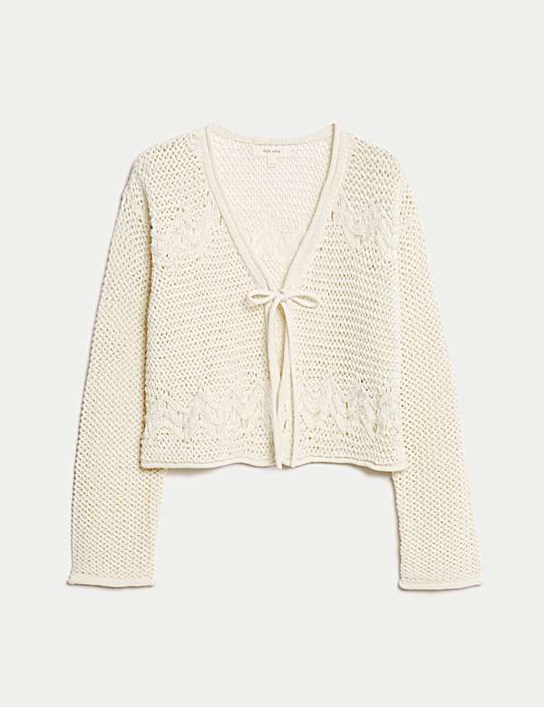 Cotton Rich Pointelle V-Neck Tie Front Relaxed Cardigan - FR