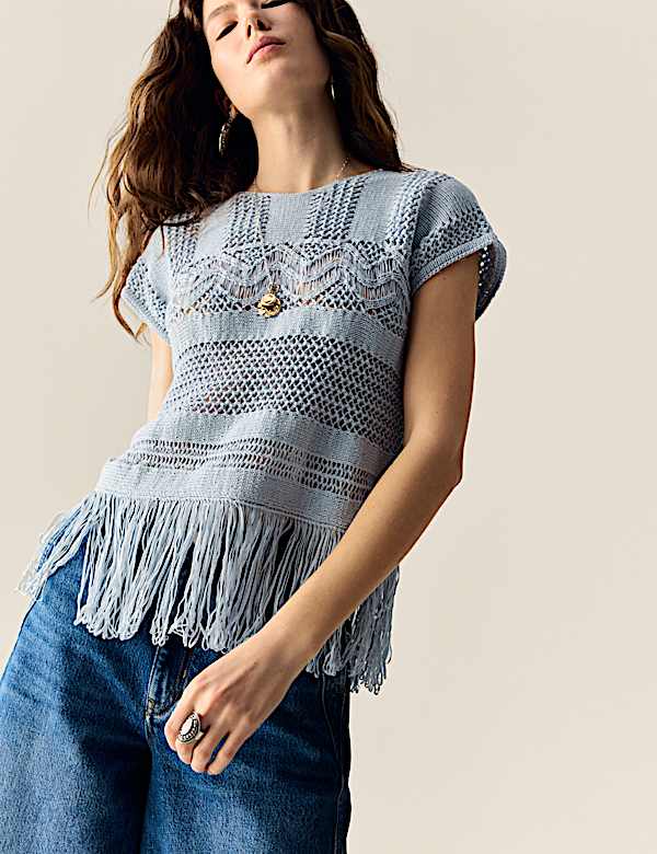 Cotton Rich Crew Neck Fringe Oversized Jumper - NO