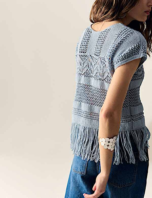 Cotton Rich Crew Neck Fringe Oversized Jumper - NO