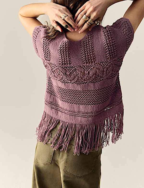 Cotton Rich Crew Neck Fringe Oversized Jumper - DE