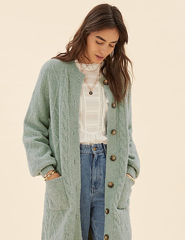 Cable Knit Longline Cardigan with Wool