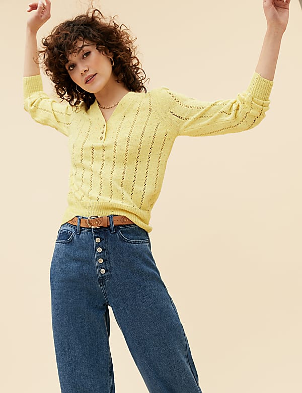 Cotton Rich Pointelle V-Neck Jumper
