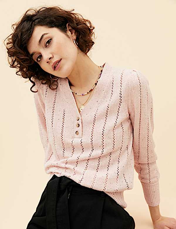 Cotton Rich Pointelle V-Neck Jumper