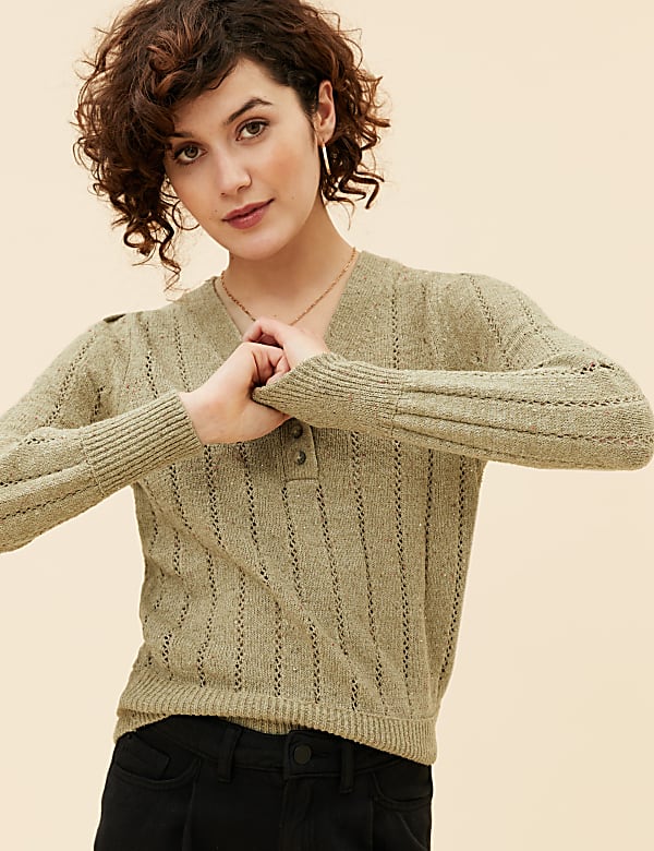 Cotton Rich Pointelle V-Neck Jumper
