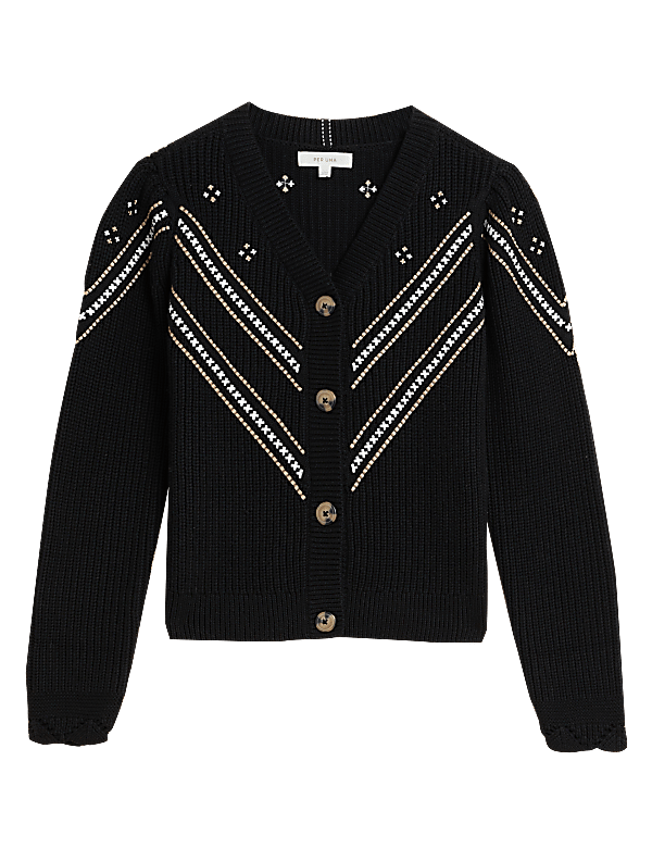 Pure Cotton Embroidered V-Neck Cardigan