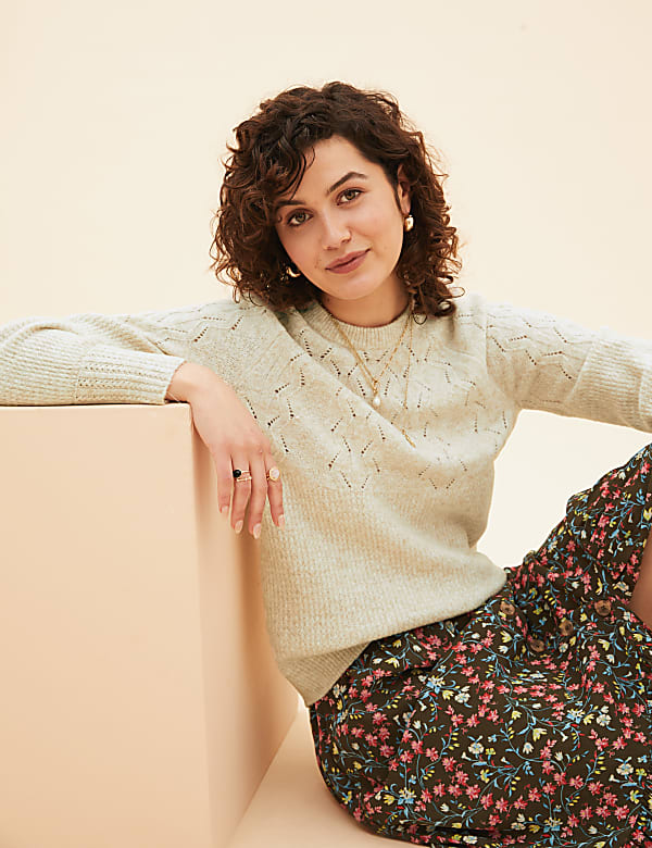 Cotton Blend Pointelle Crew Neck Jumper