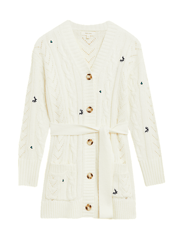 Embroidered Belted Cardigan with Wool