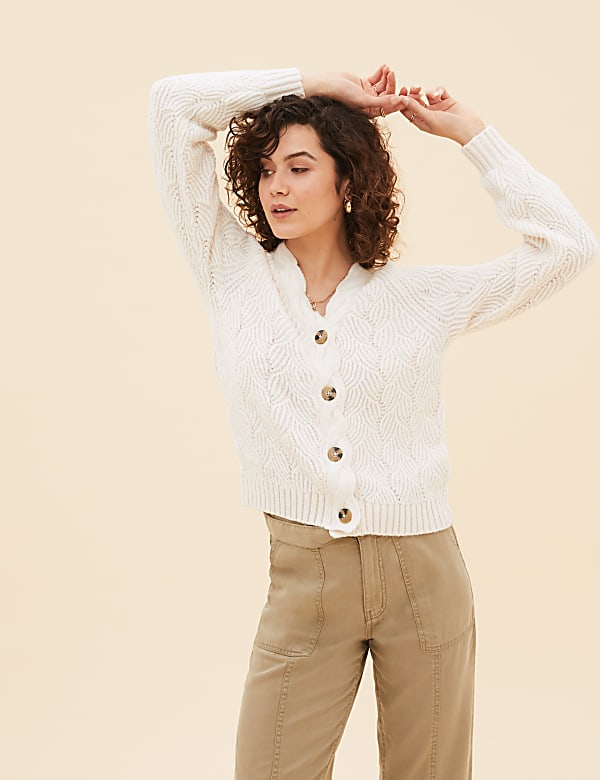Textured V-Neck Cardigan with Wool