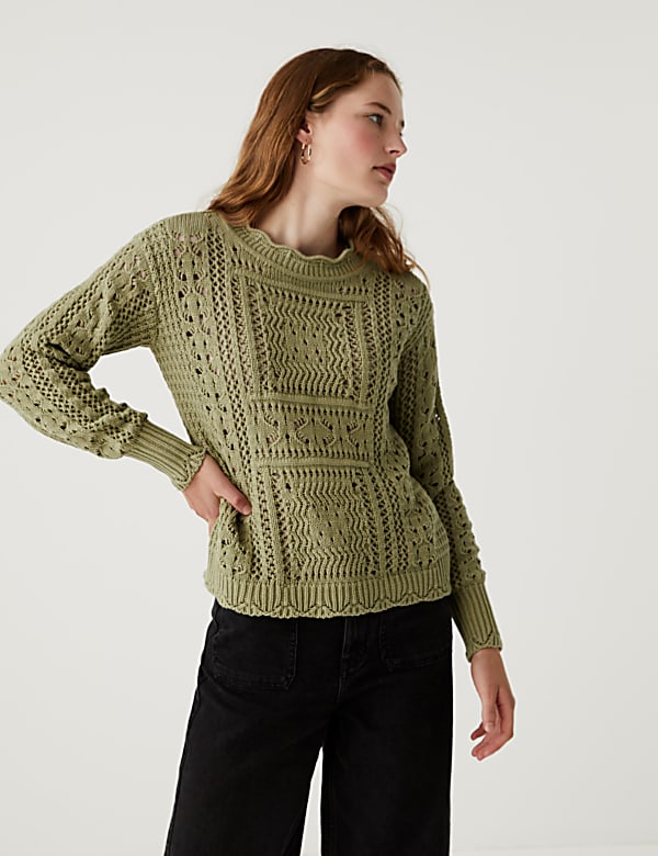 Pure Cotton Crochet Crew Neck Jumper