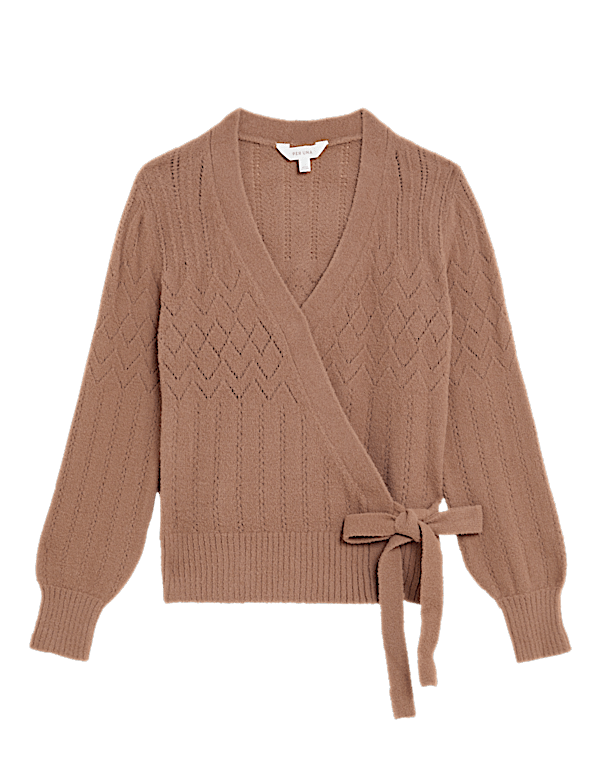 Pointelle Knitted V-Neck Wrap Cardigan