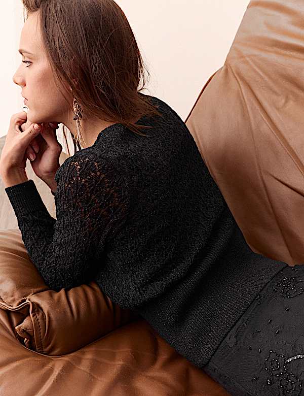 Cotton Blend Pointelle V Neck Cardigan - CA