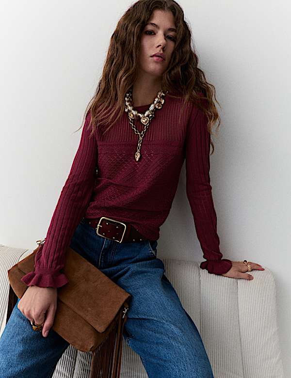 Pull à col rond en coton maille pointelle - CA