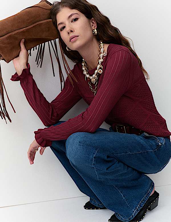 Pull à col rond en coton maille pointelle - CA