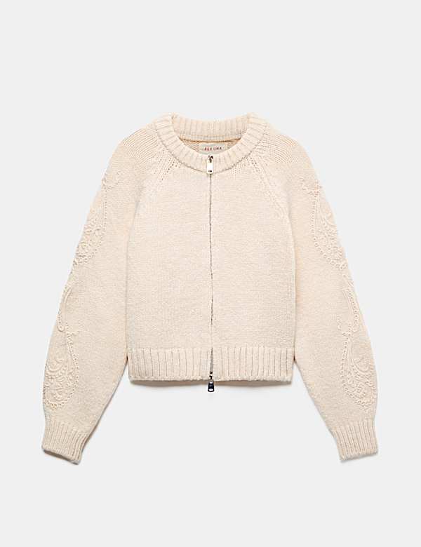 Cornelli Sleeve Textured Bomber Cardigan - JE