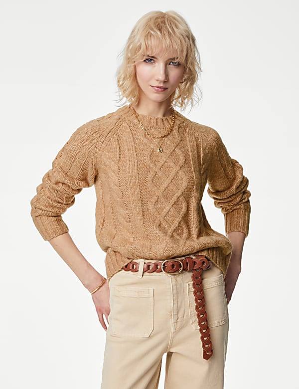 Cable Knit Jumper with Wool CAMEL MIX Jumpers M S NO
