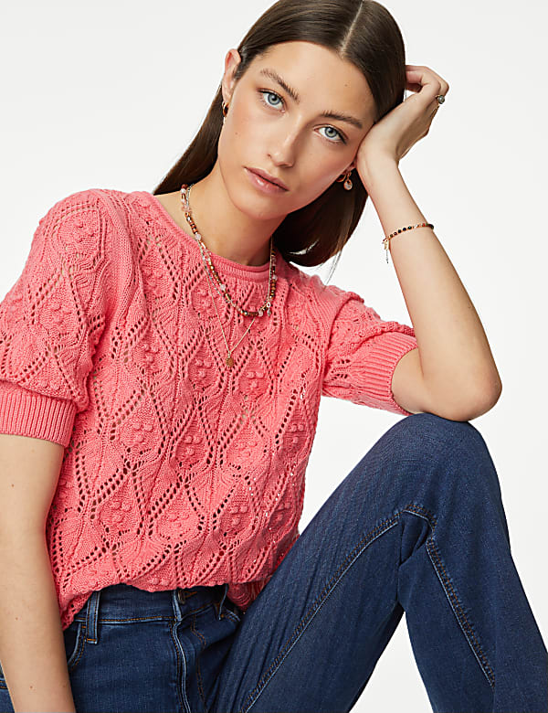 Pure Cotton Textured Round Neck Knitted Top