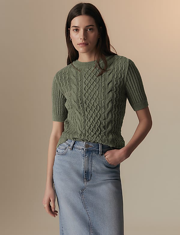 Pure Cotton Cable Knit Short Sleeve Top - QA