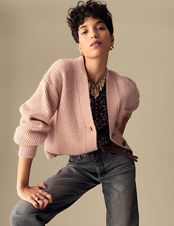 Textured Button Front Blouson Sleeve Cardigan