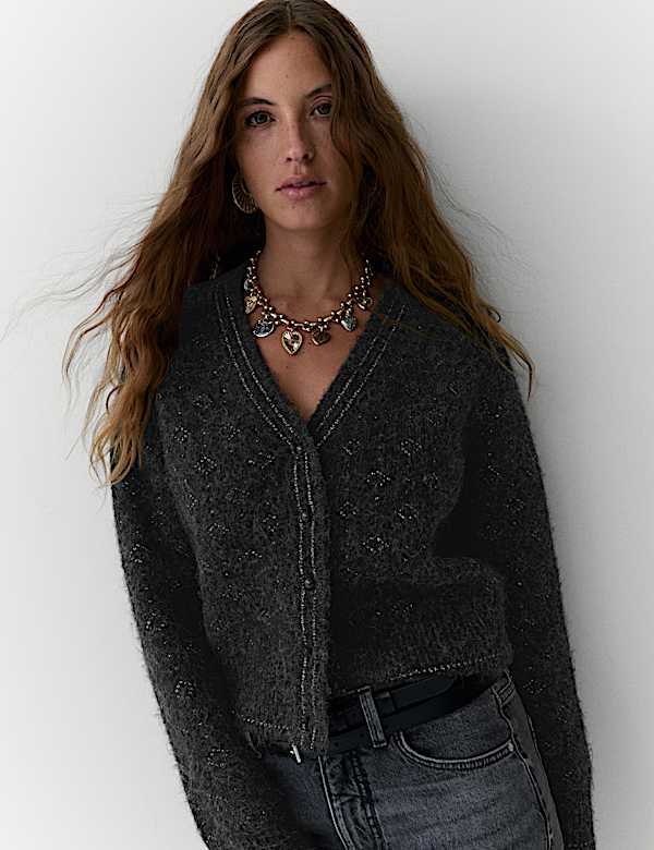 Lurex Jacquard V-Neck Cardigan with Wool - JO
