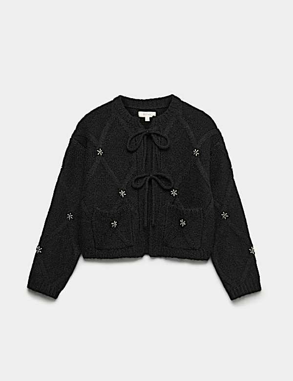 Crop ζακέτα με αλπακά, διακοσμημένη με στρας και δέσιμο μπροστά - GR