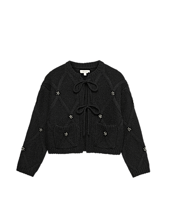 Embellished Diamond Tie Front Cropped Cardigan with Alpaca