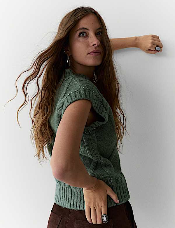 Embellished Cable Knit V-Neck Tabard