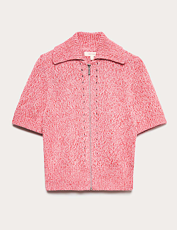 Cardigan aus reiner Baumwolle mit Pointelle-Strickmuster, Polokragen und Rei&szlig;verschluss - AT