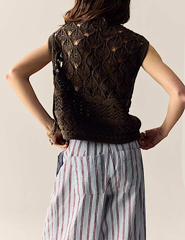 Cotton Rich Knitted Fringed Tie Front Waistcoat - CA