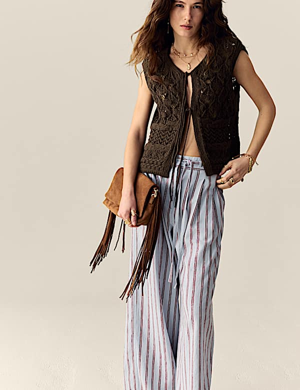 Cotton Rich Knitted Fringed Tie Front Waistcoat - CA